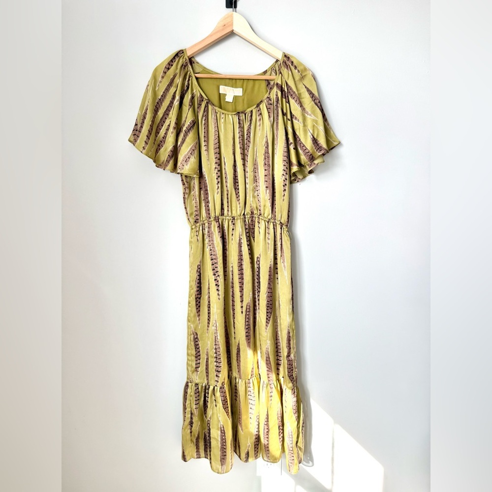 Olive Green Feather Patterned Silky Women’s Midi Dress Flutter Sleeve